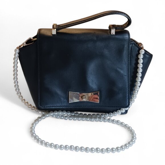 Kate Spade Black Leather Mini Flap Bag – Bow Turn-Lock Closure, Faux Pearl Chain - Picture 1 of 14